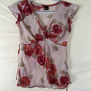 90s Sheer Y2K Studio Y Blouse Womens Medium Multicolor Floral Chiffon Fairy